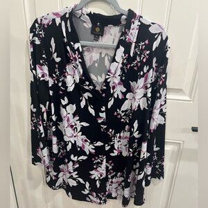 JM Collection Black and White Top with Pink Floral Accents